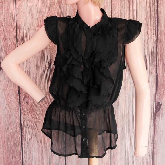 BCBGMaxAzria Tops - Miley Cyrus Max Azria Black Sheer Ruffle Top XL Jr